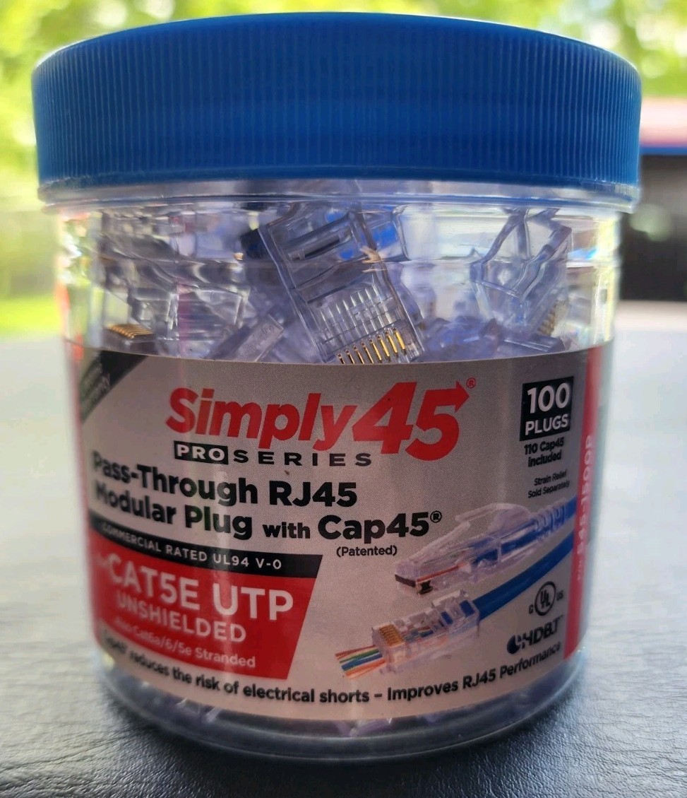 Simply45 ProSeries Cat5e Unshielded PassThrough RJ45 Modular Plugs/Cap45 - 100PK