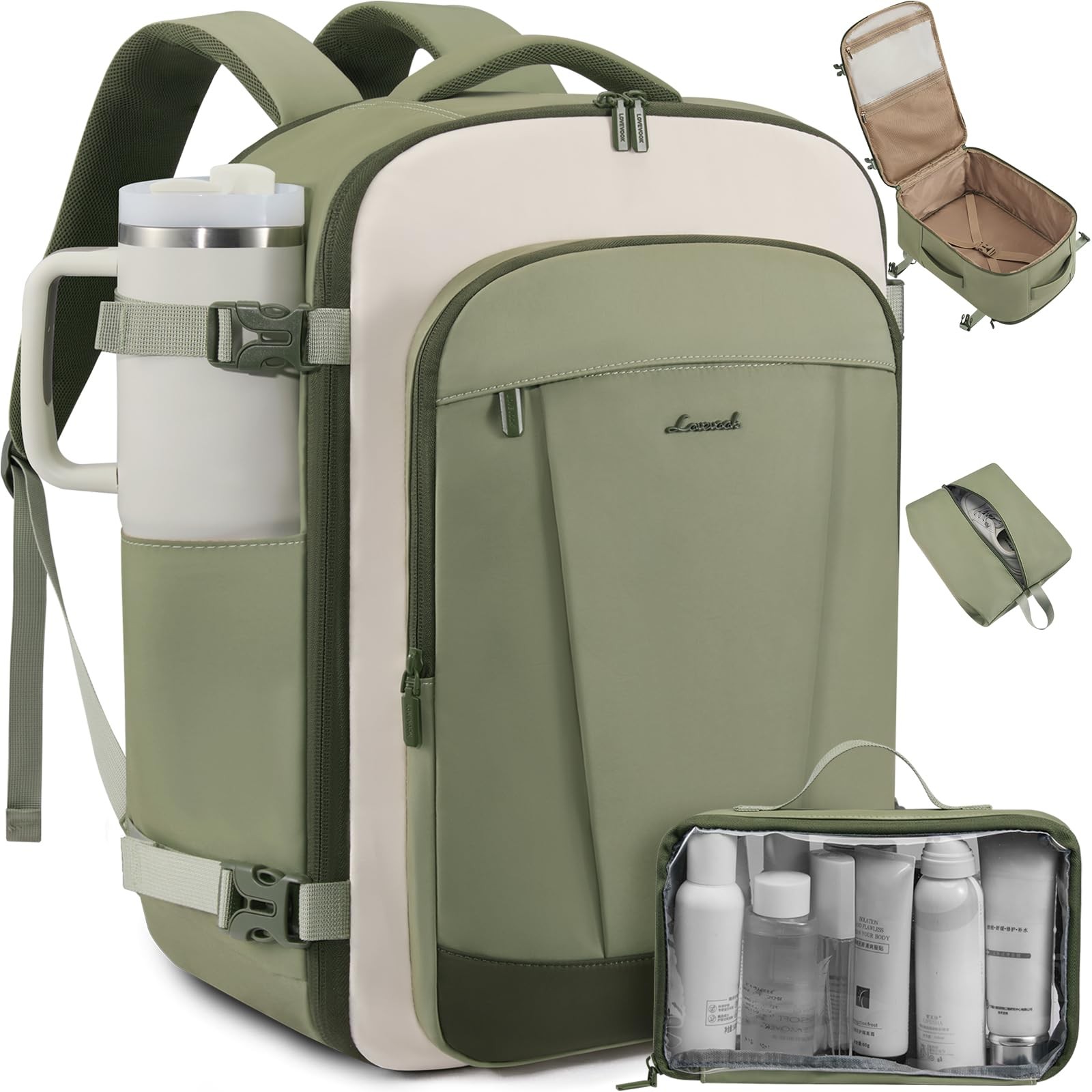 LOVEVOOK 40L Travel Backpack 40L-17.3Inch-3Pcs, Light Green-beige-olive Green