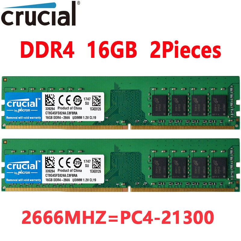 Crucial DDR4 32GB 2X16GB 2666 Mhz  PC4-21300 288pins Desktop Memory Dimm Ram