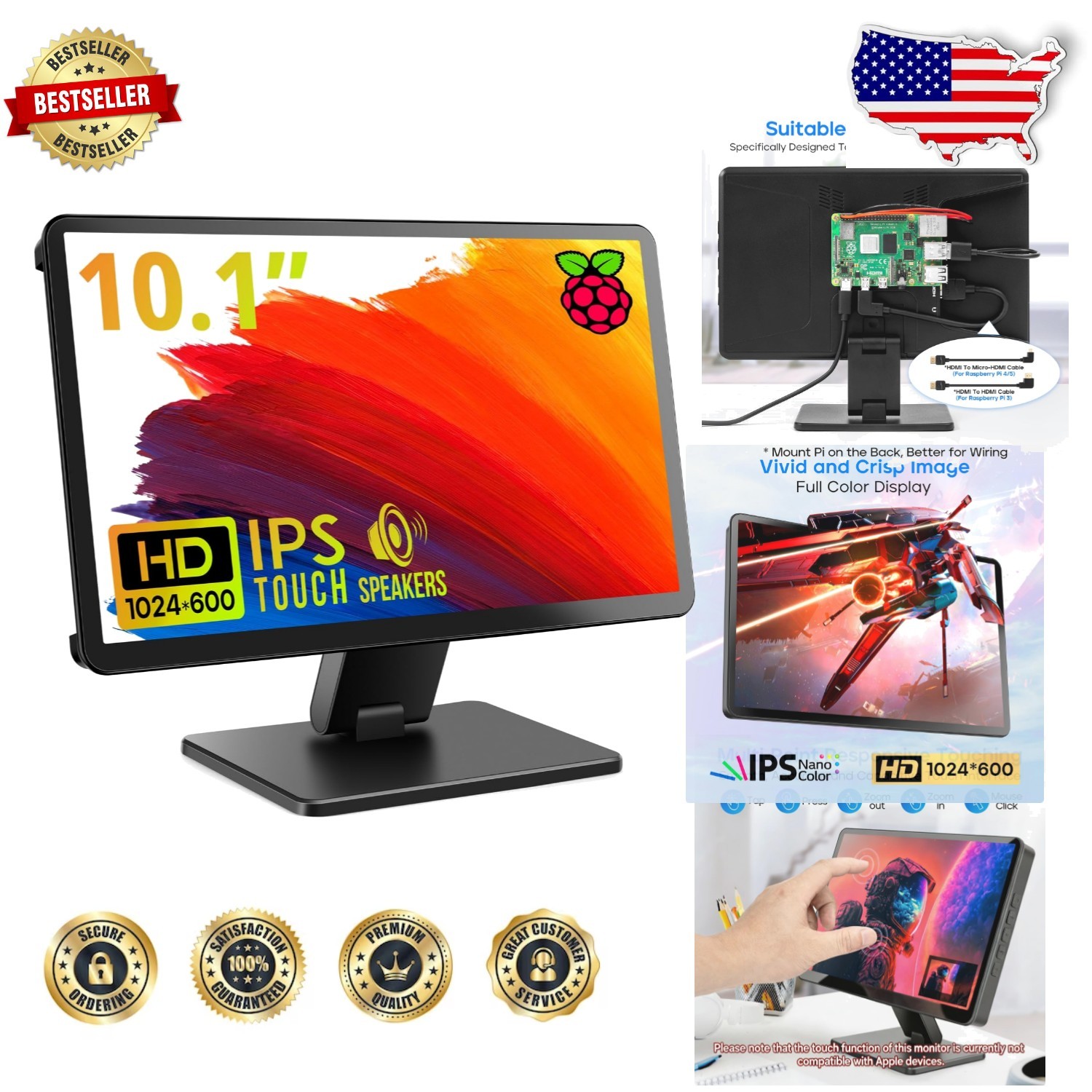 Portable 10.1" Touchscreen Monitor, 178° Viewing Angle, Glossy IPS HD Display...