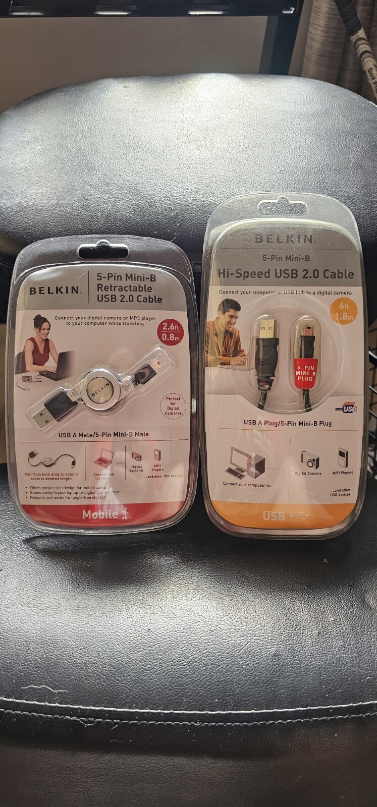 Belkin 5-pin mini-b hi-speed USB 2.0 cable 6ft. & 2.6ft retractable lot of 2 NIB