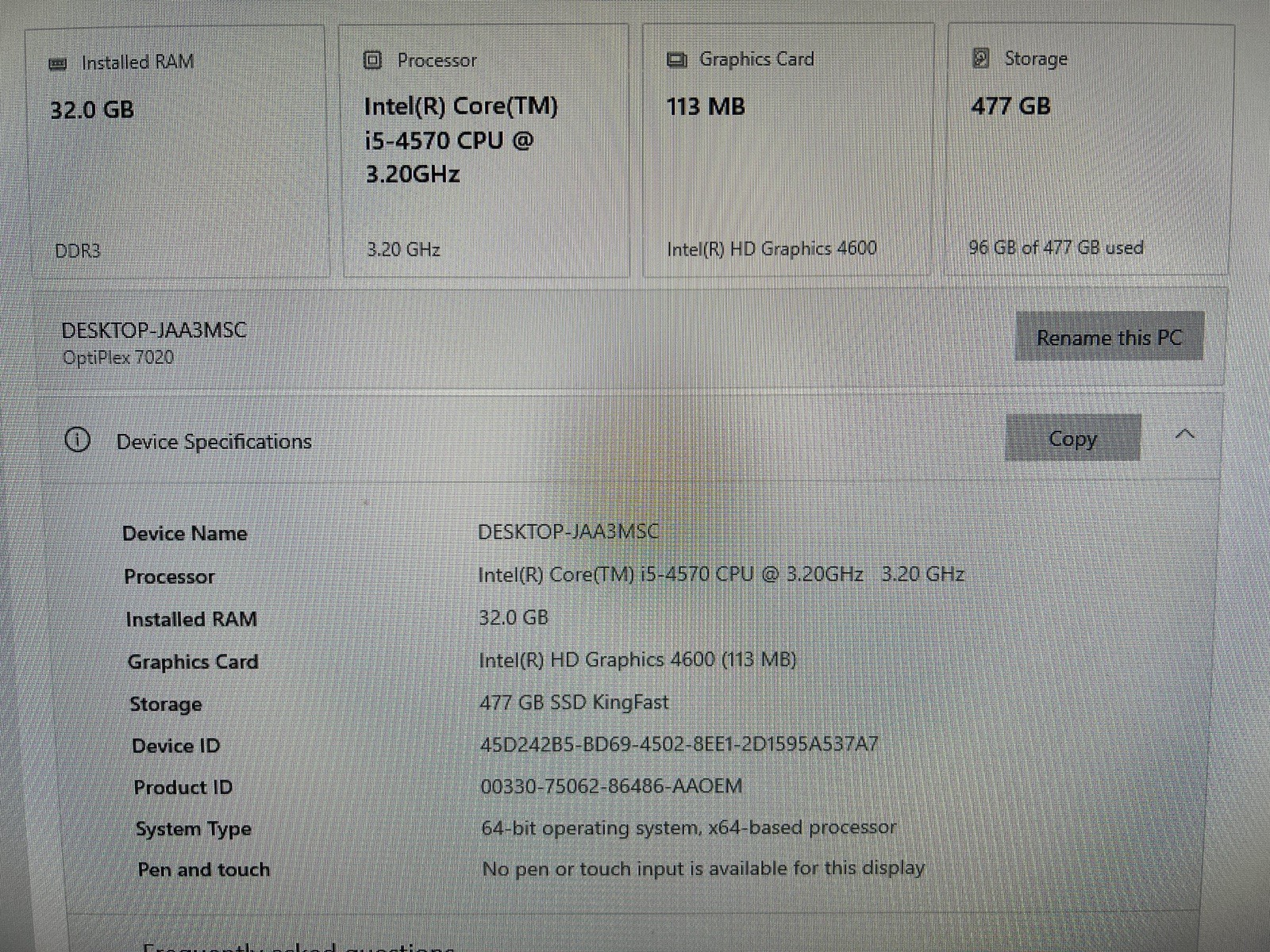 Dell Optiplex 7020 Intel i5-4570 @ 3.2GHz, 32GB Ram, 500GB SSD
