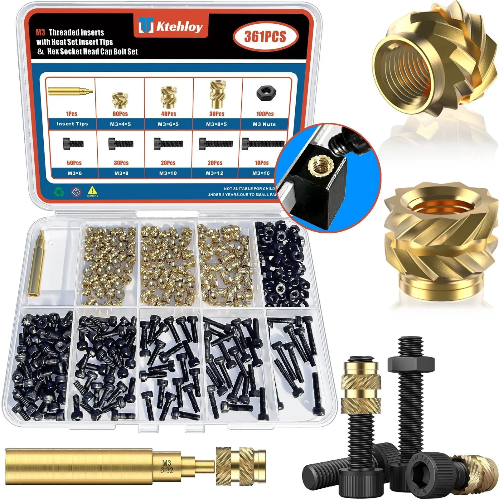 361Pcs M3 Heat Set Insert with Screws & Insert Tips Brass Threaded Inserts Fe...
