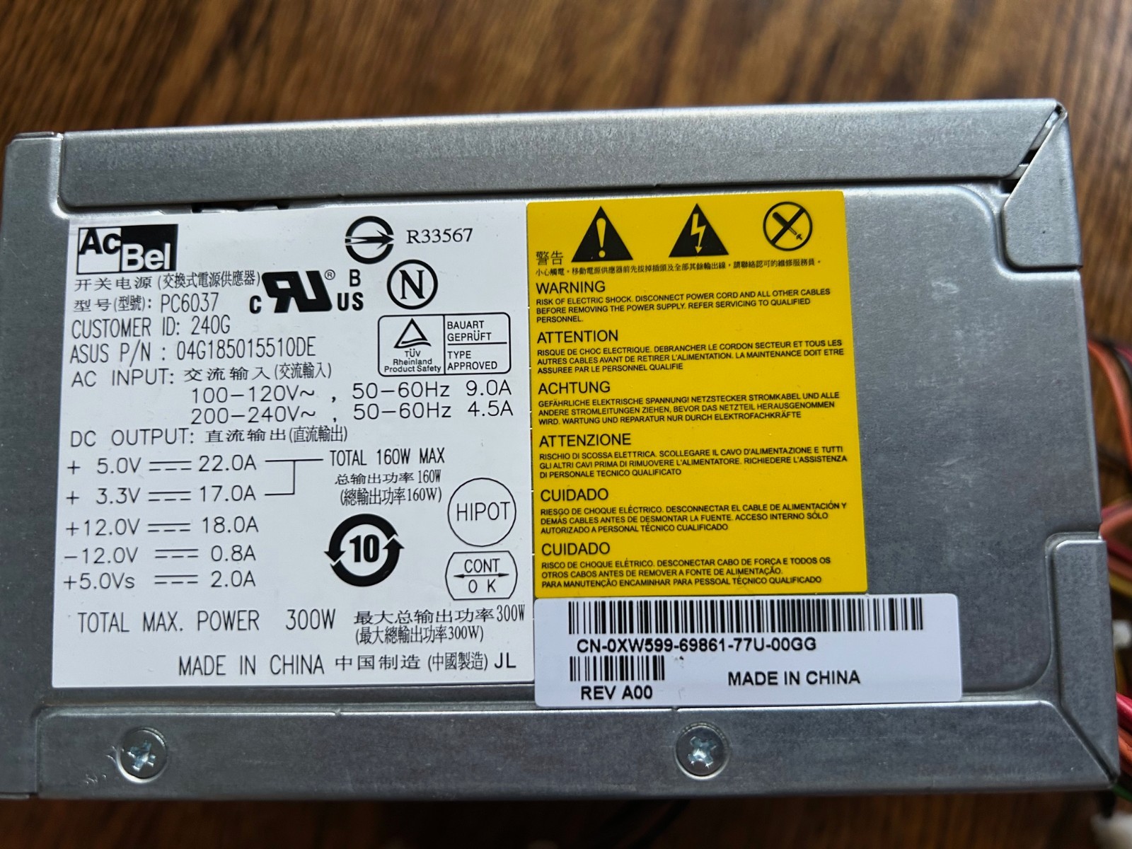 AcBel 300w Watt ATX  Desktop PC Power Supply for XW599 0XW599 PC6037