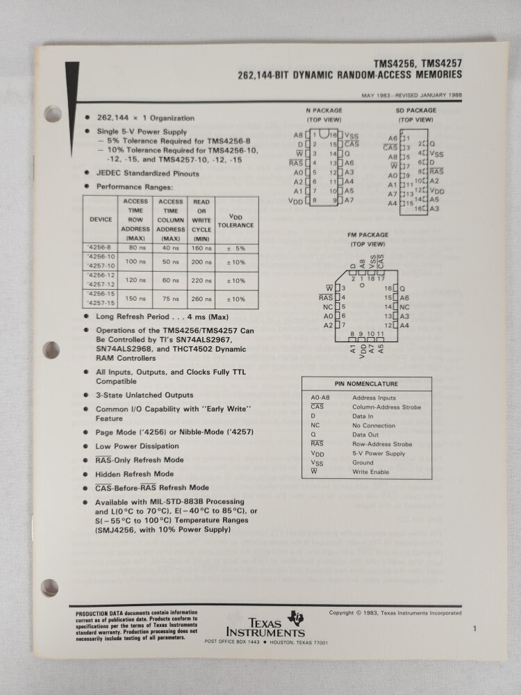 Texas Instruments TMS4256, TMS4257, 262, 144-Bit Random-Access Memories ~ 1983