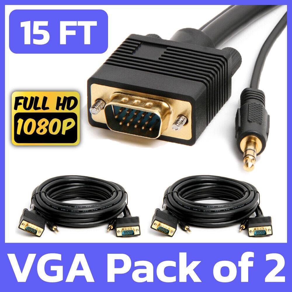2 Pack VGA Cable + 3.5mm Audio 15 FT SVGA Male to Male Monitor PC Cord with Aux