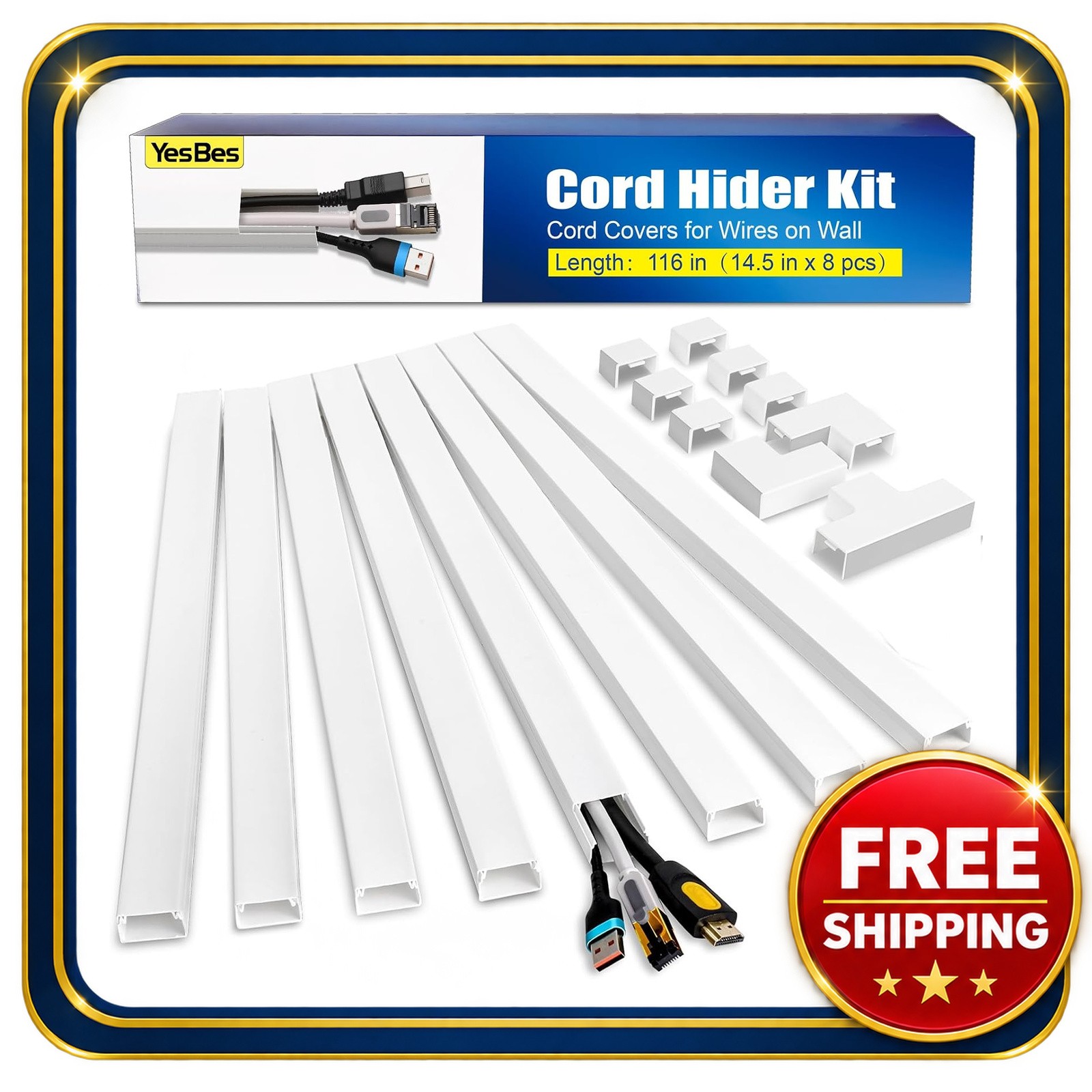 Cable Raceway Kit 116 Inches Paintable Wall Cord Cover with 6 Couplings