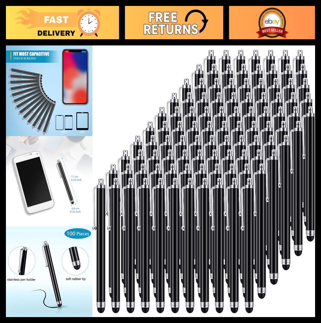 100-Pack Universal Capacitive Stylus Pens for Touch Screen Devices - Black
