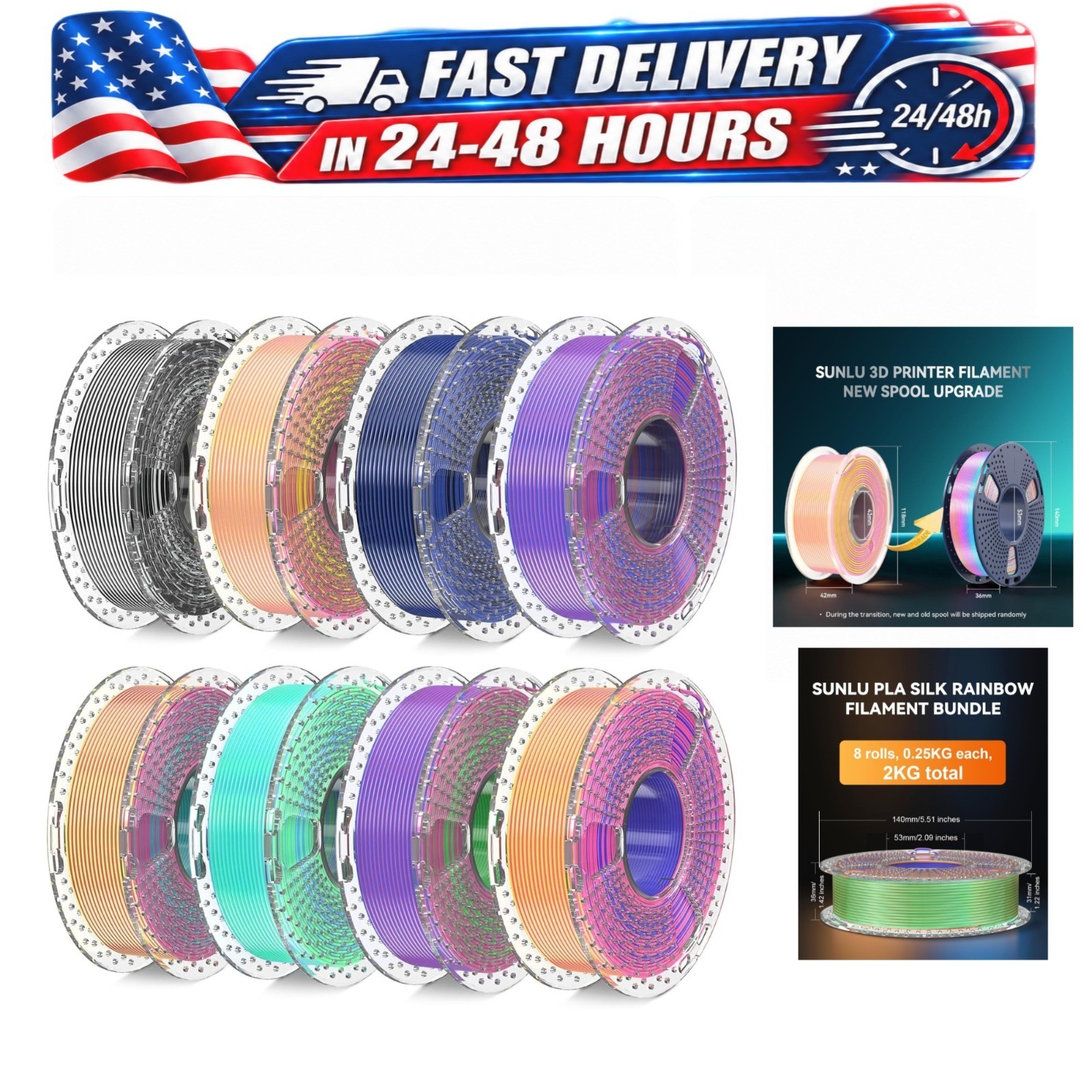 SUNLU Silk PLA Filament Bundle 1.75mm Dual & Triple Color 8 Spools 2kg