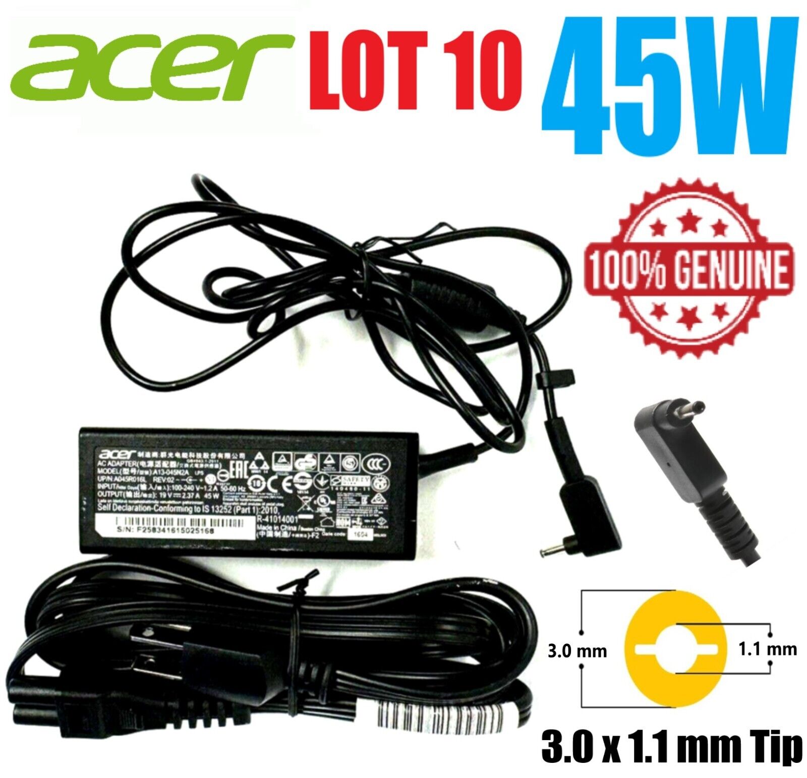 LOT 10 Genuine Acer 45W 19V 2.37A AC Adapter Power Charger PA-1450-26 A13-045N2A