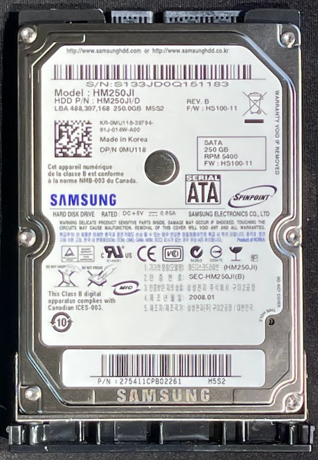 Samsung SpinPoint 250GB 2.5" 5400RPM SATA Hard Drive / HM250JI / MU118 / RN152