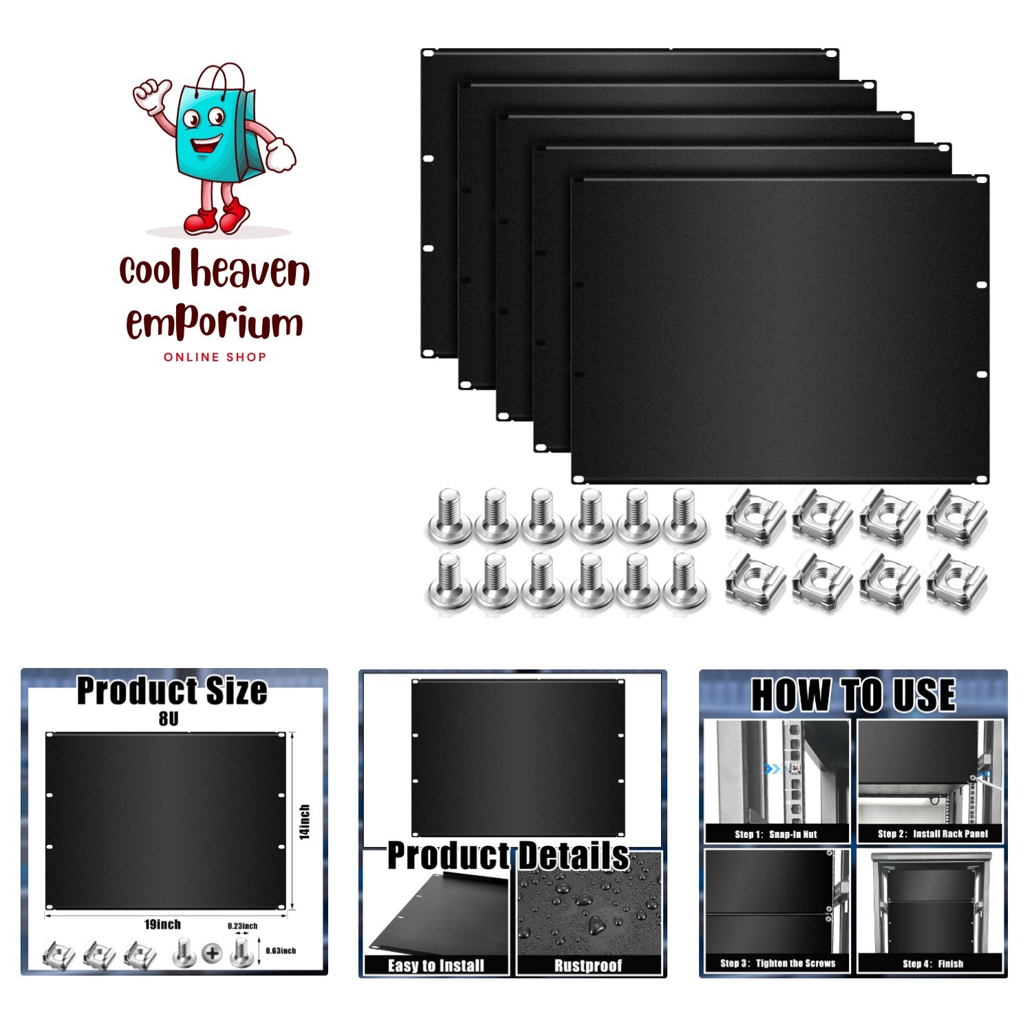 2 Pcs 8U Blank Rack Mount Panel Spacer Metal Blank Panel Black Server Rack Ac...