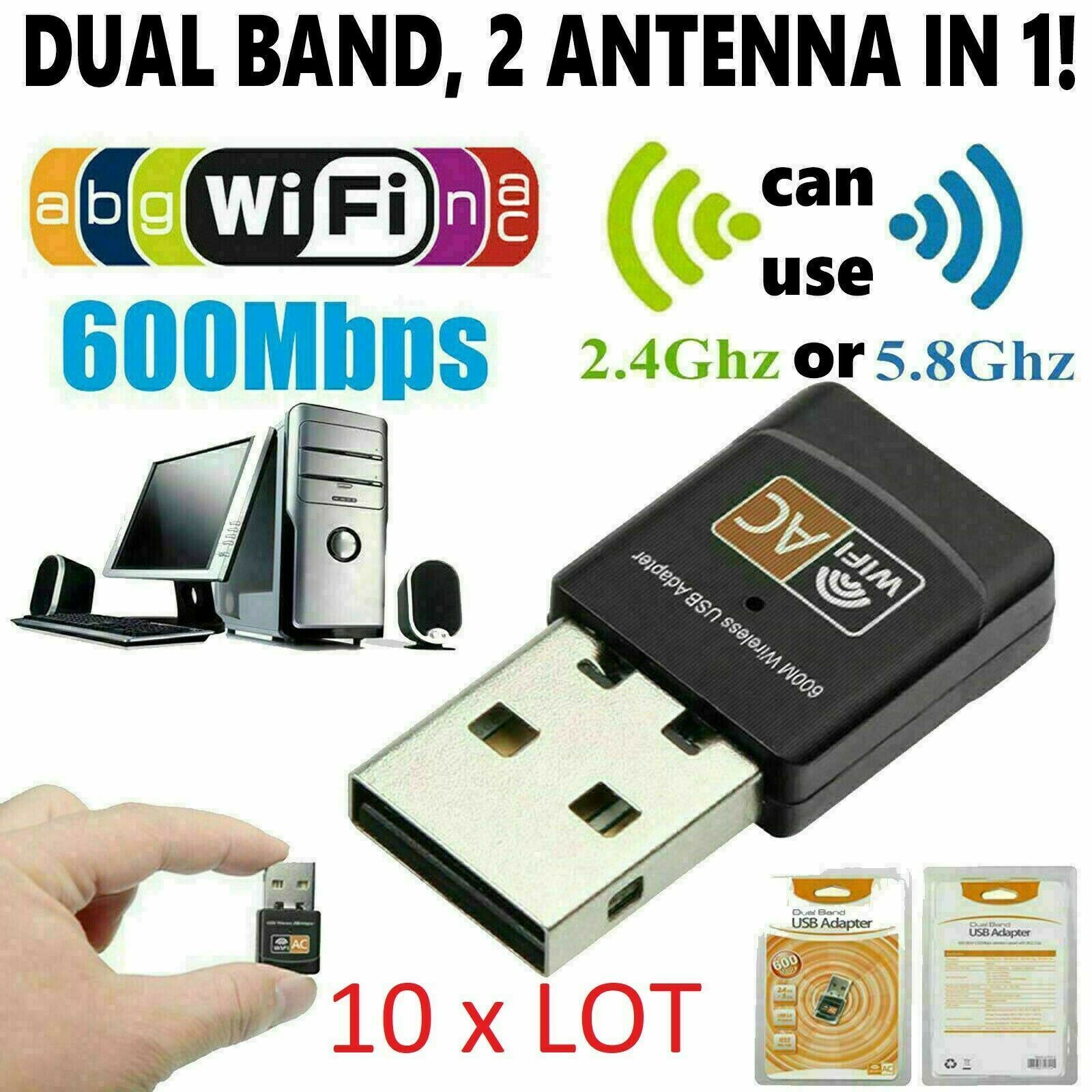 Lot of 10 x AC600 Mbps Dual Band 2.4/5Ghz Wireless USB Mini WiFi Network 802.11