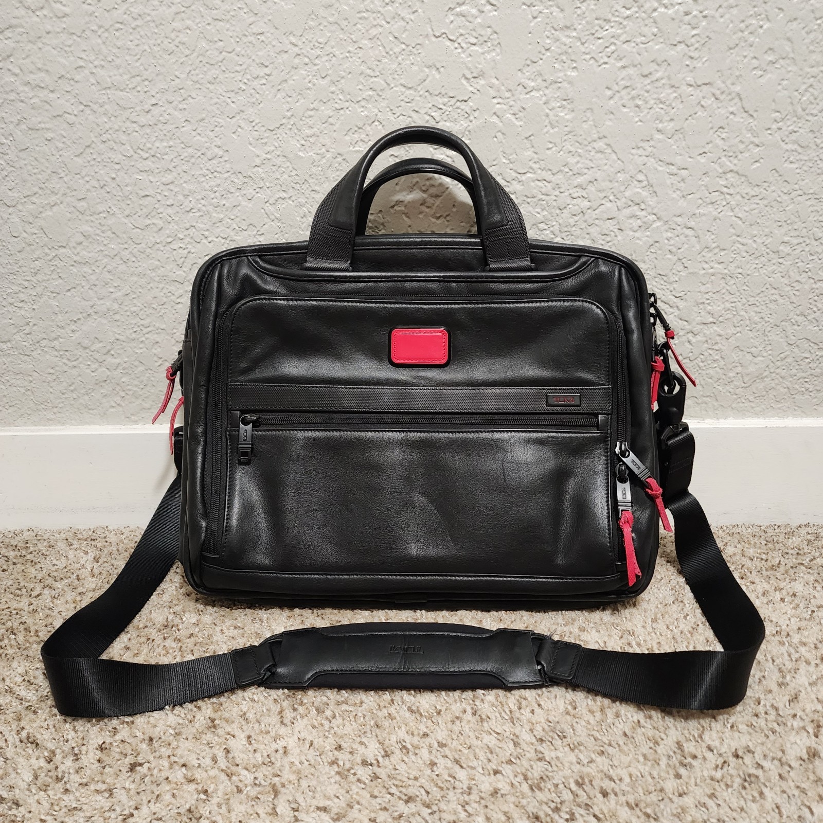 TUMI Alpha 2 Black Red Accent Leather 15" Laptop Brief Expandable Bag 96132D2