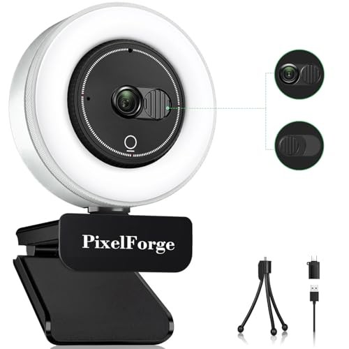 2K Webcam for PC with Microphone & Light & Privacy Cover - Black/White