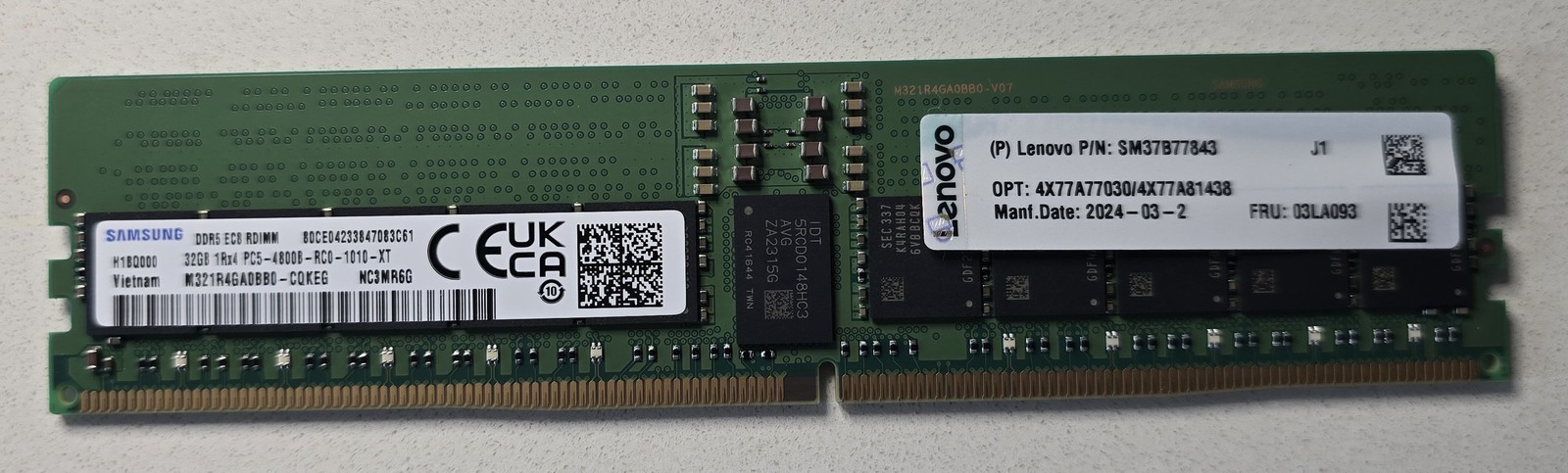 32GB 4X77A77030 TruDDR5 4800 (1Rx4) PC5-38400 RDIMM - Lenovo 4X77A81438 -03LA093