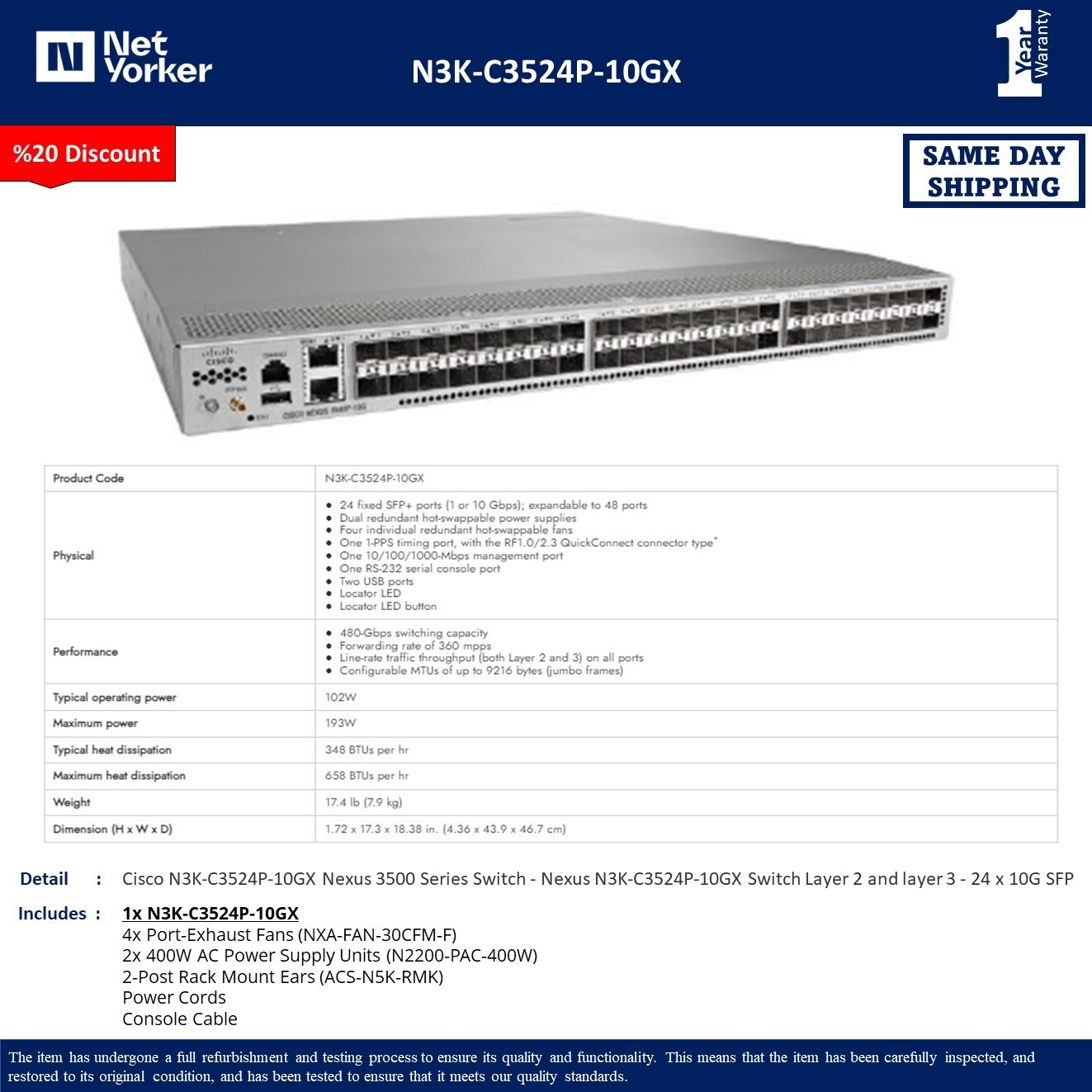 Cisco Nexus N3K-C3524P-10GX 48 Ports Gigabit Switch W/Dual Power - Same Day Ship