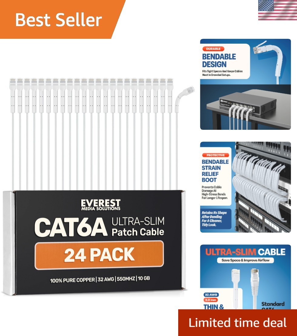 Everest Ultra Slim Cat6a Ethernet Patch Cables 2ft 24-Pack White - 10GB Cat 6...