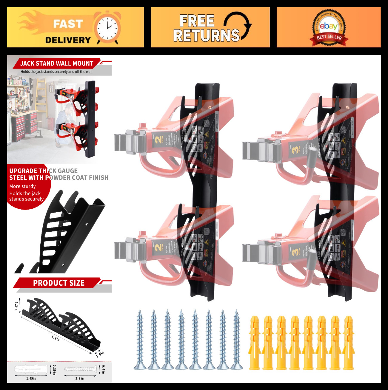 Jack Stand Wall Mount Organizer - Storage Rack for 2 & 3 Ton Jack Stands (2 Pack