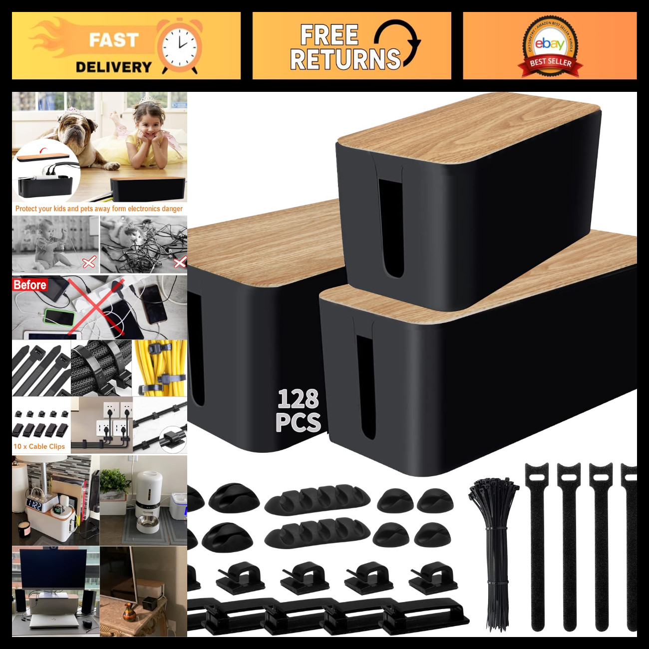 128PCS Cable Management Kit - 3 Pack Cord Hider Boxes, Wire Organizer for Home &