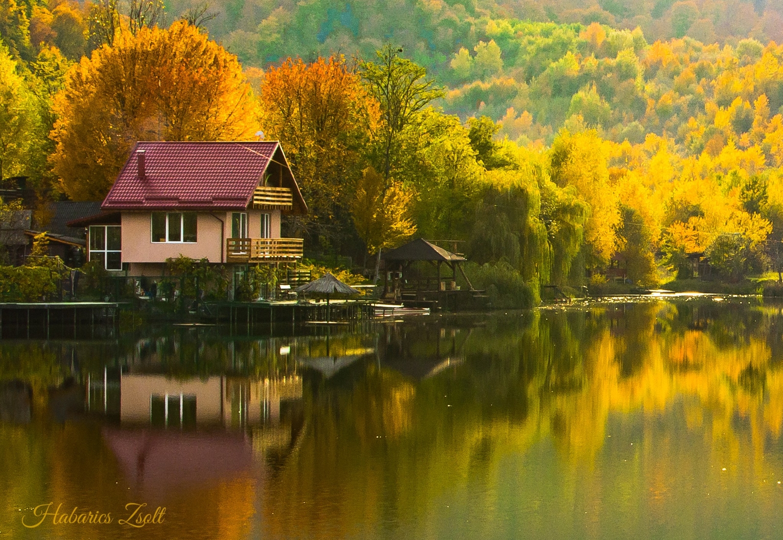 Landscape fall reflection house lake calm idyllic Custom Gaming Mat Desk