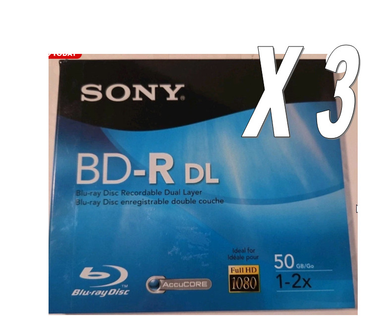 3 SONY AccuCORE BD-R DL Blu-ray Disc Recordable 50GB 1-2x Speed 1080 HD