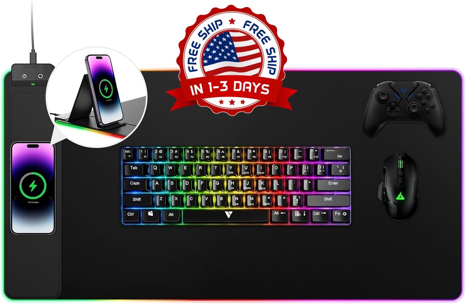 Alfombrilla de ratón RGB para juegos con soporte de carga, resistente al agua US