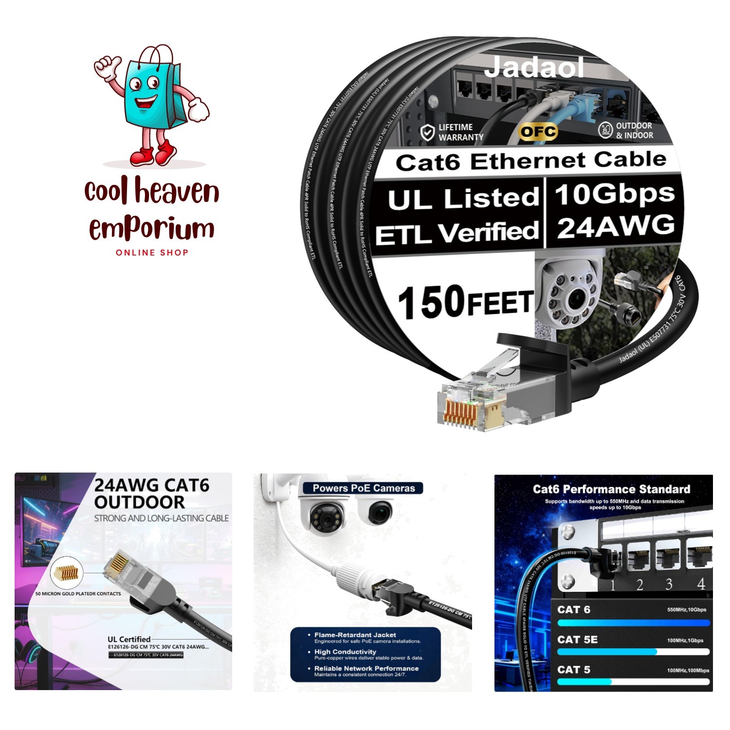 Durable 150FT Cat6 Ethernet Cable, 10Gbps, Waterproof, Flexibility for All Needs