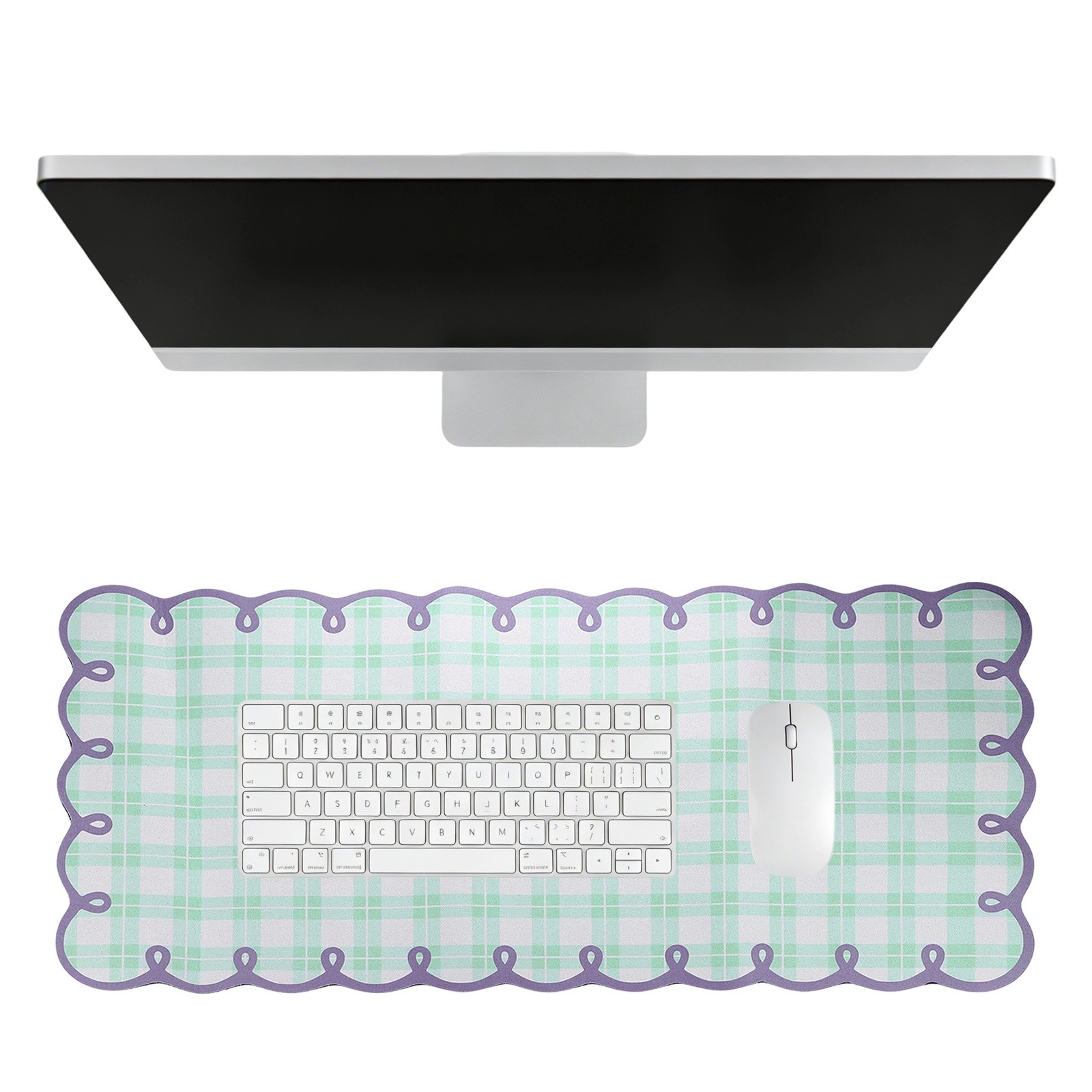 Scalloped Desk Mat, 35.4 x 15.7" Checkered Large Mouse Pad, Green-Purple