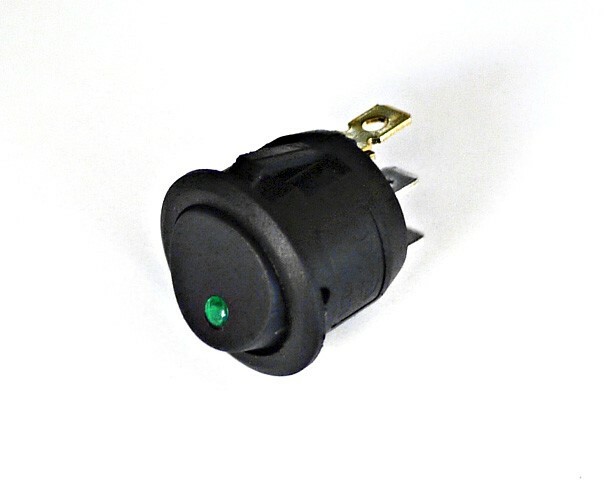 Rocker Switch 23mm 12VDC Black with Green LED 3 Prongs 10A