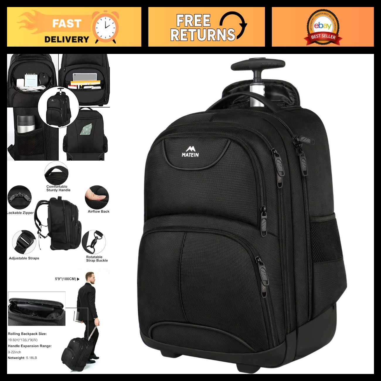 Water Resistant 17" Rolling Laptop Backpack, Wheeled Travel Bag, Durable & Styli