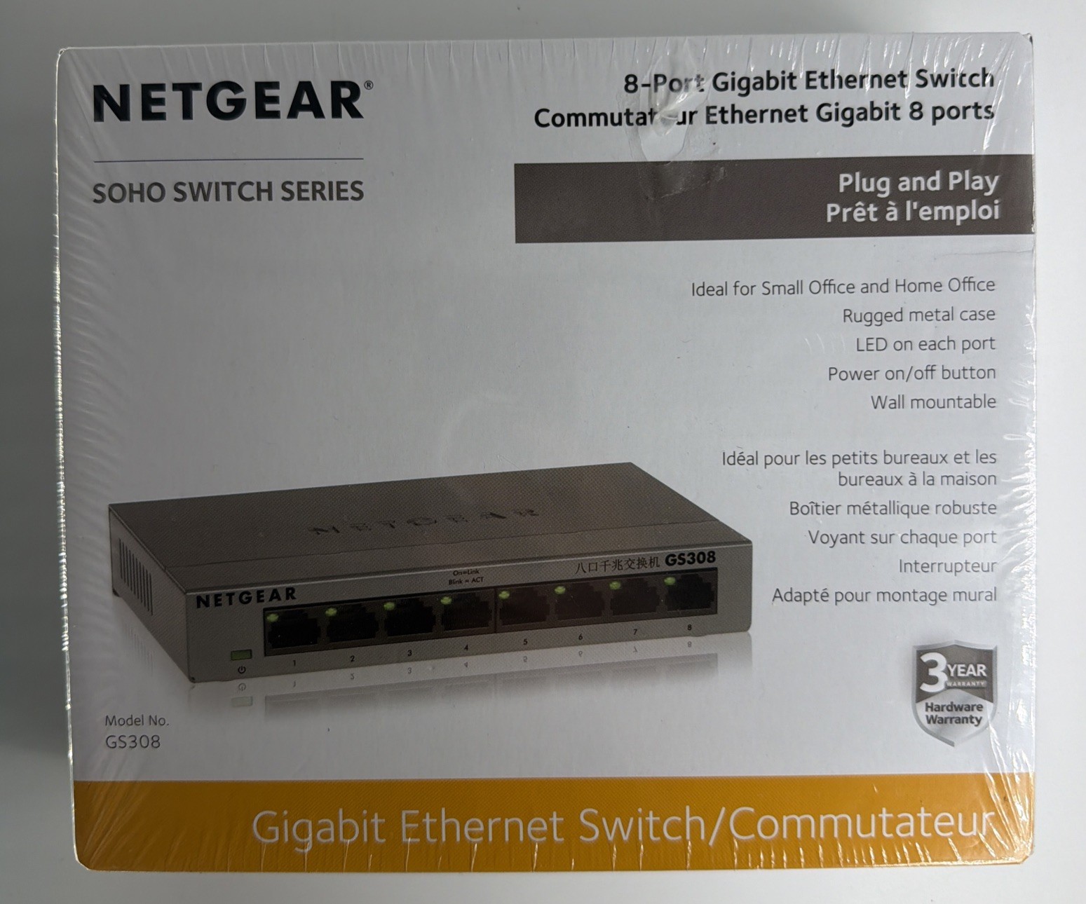 NETGEAR 8-port 10/100/1000mbps Gigabit Ethernet Switch GS308-100PAS, SOHO SERIES