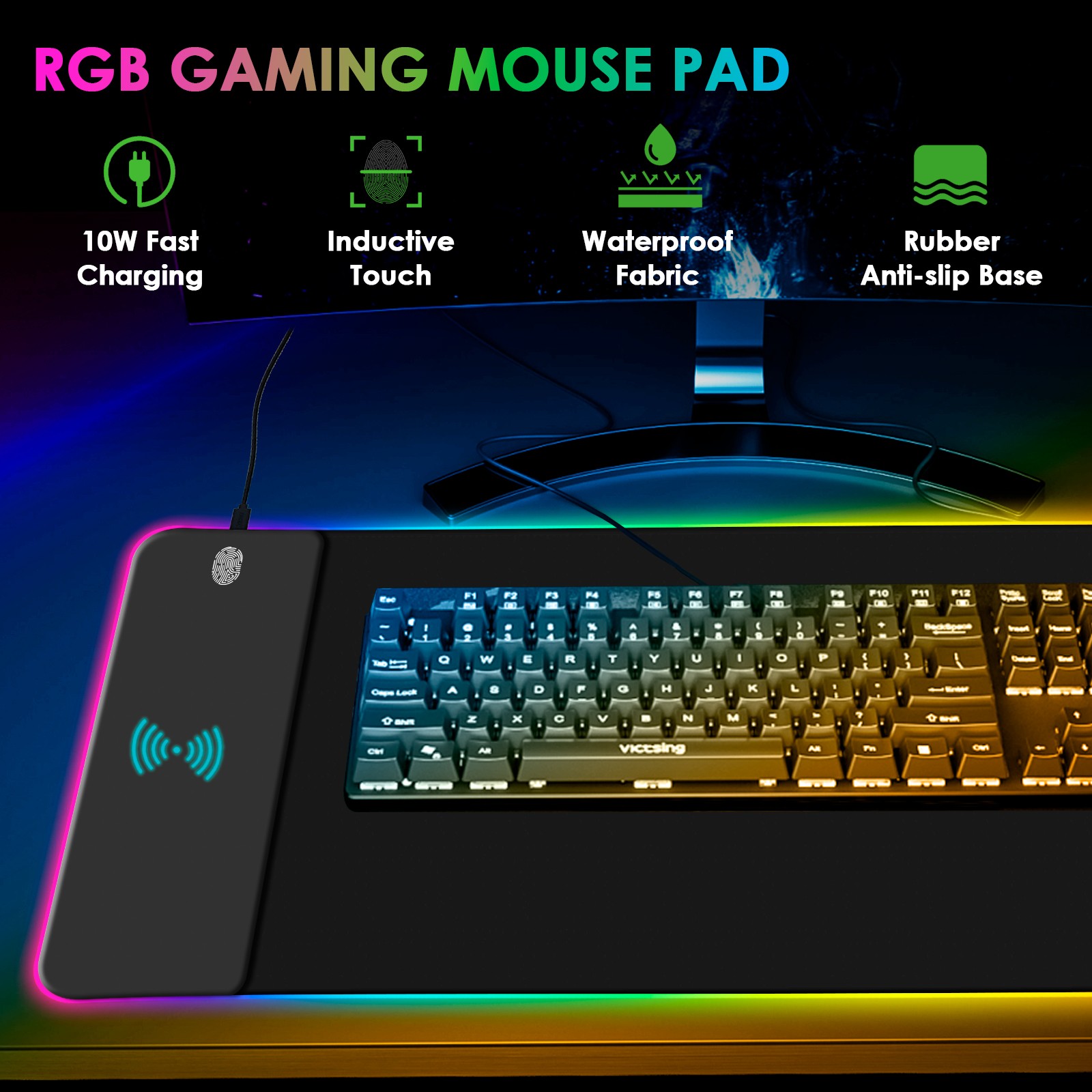 RGB Wireless Charging Mousepad 15W XL 31.5"x11.8" Non-Slip Waterproof Gaming Mat