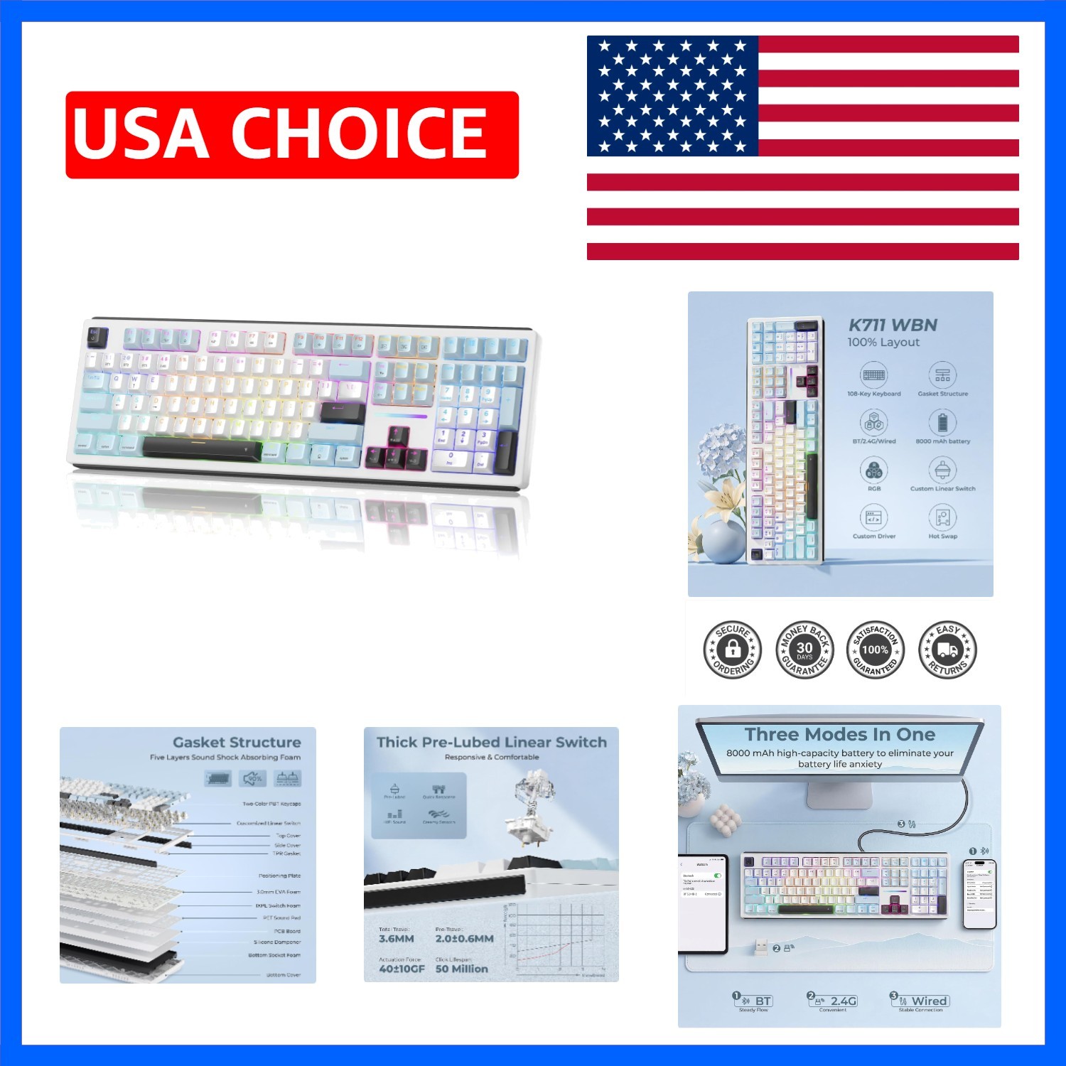 Hot-Swap Mechanical Keyboard - 108-Key, Pre-lubed Silent Switches, Blue-White