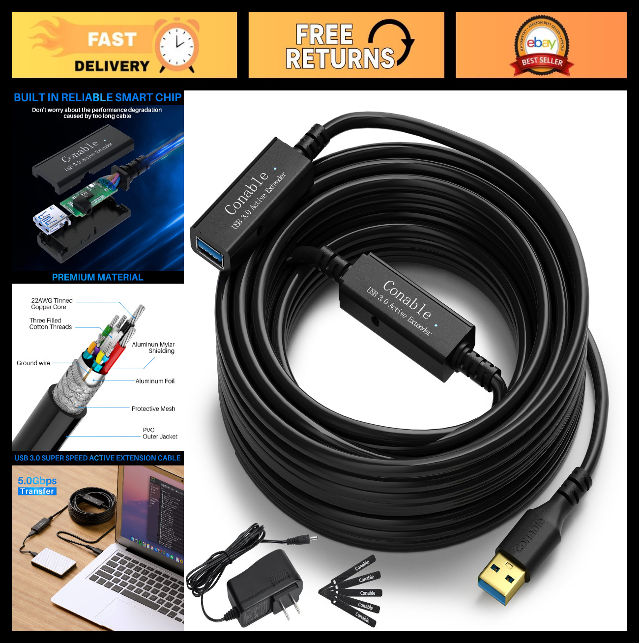 50ft USB 3.0 Active Extension Cable, Type-A Male to Female, 5Gbps Speed, AC Powe