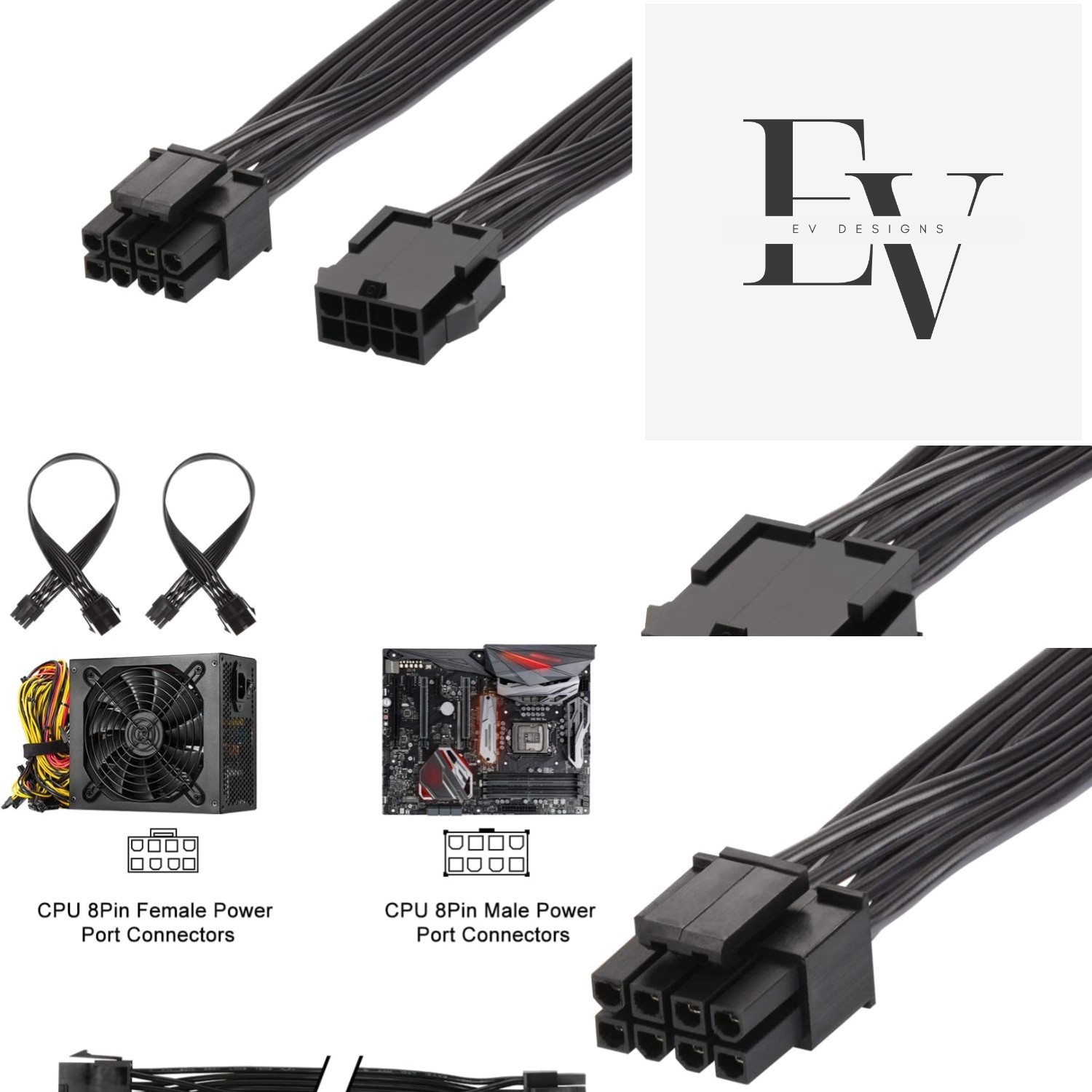 Durable 12 Inch 8 Pin Power Extension Cable, Male to Female - 2 Packs Included