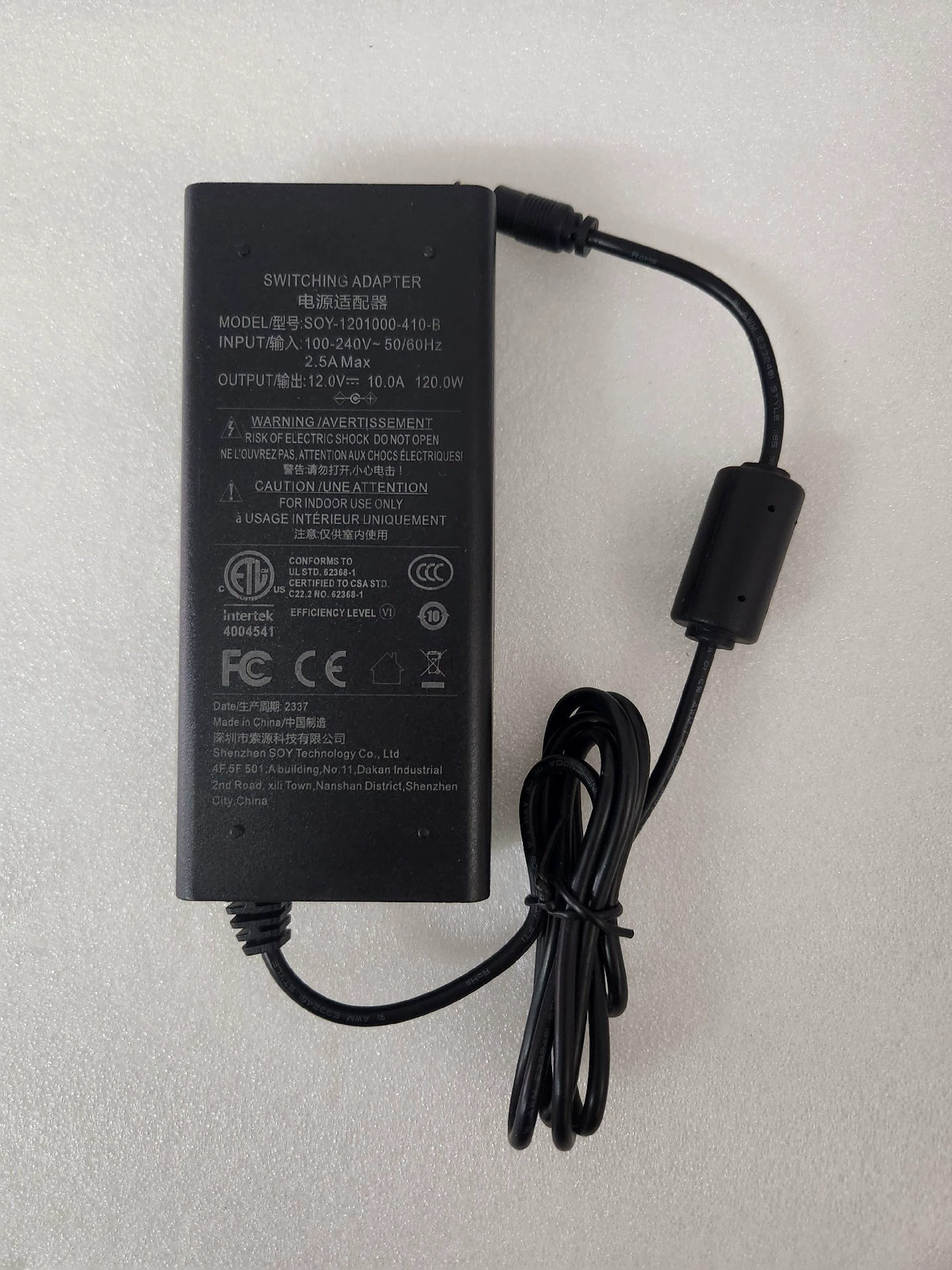 12V 10A Switching Adapter #SOY-1201000-410-B Power Supply Charger 5.5*2.5mm
