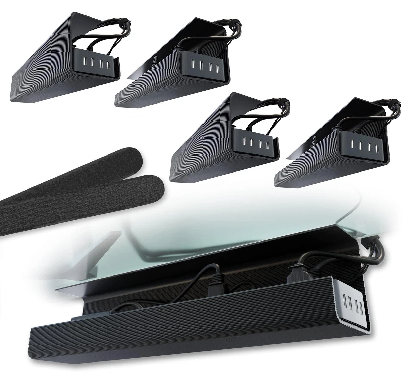 No-Screw Under-Desk Cable Management Tray, Self-Adhesive, Black 4-Pack