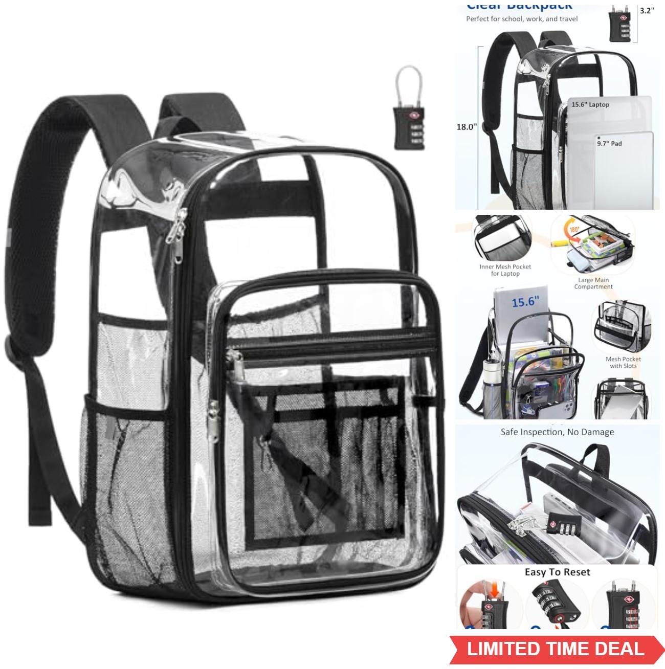 Clear Backpack 18 Inch TSA Lock 15.6 Inch Laptop Sleeve PVC Waterproof Black
