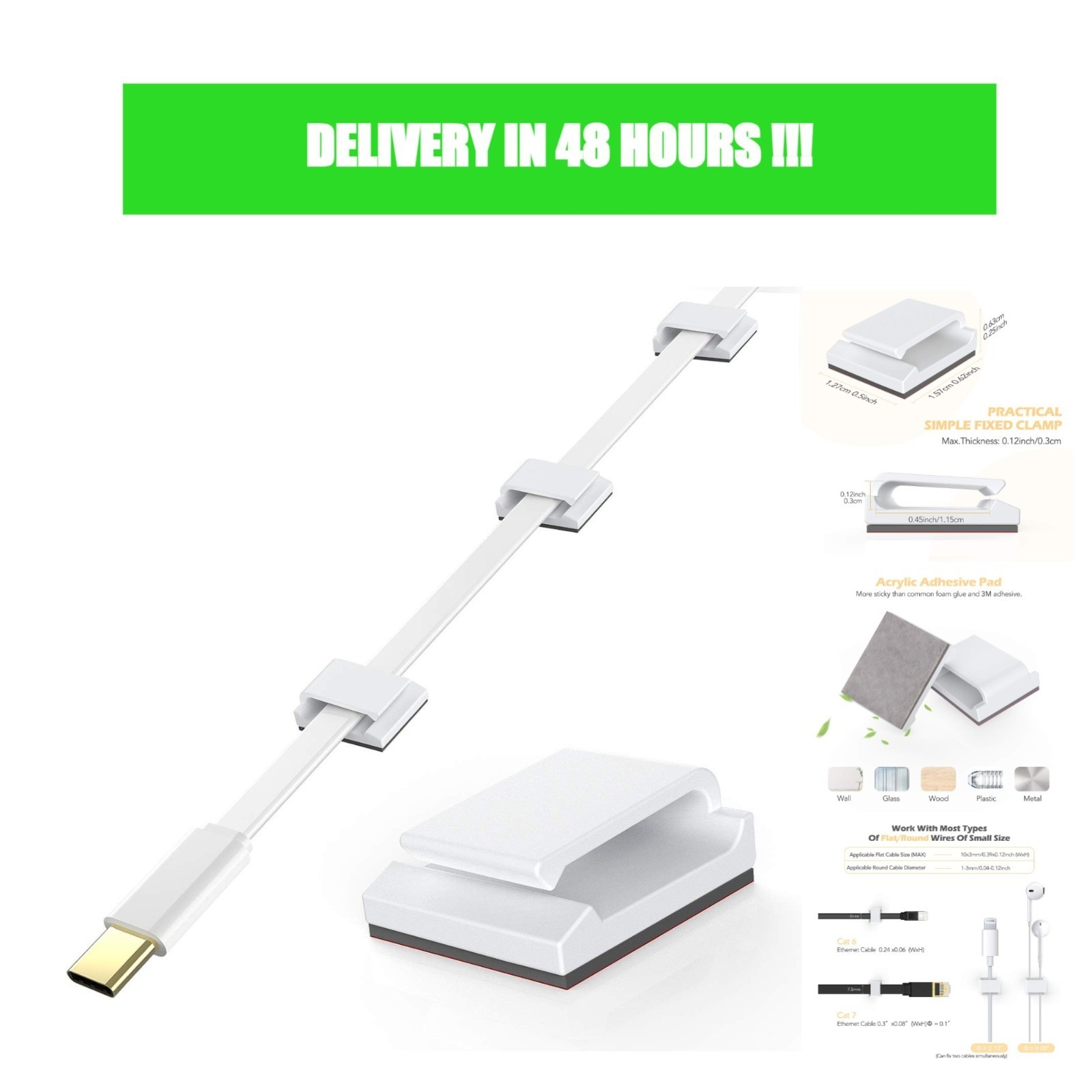 AGPTEK 100 PCS Adhesive Cable Clips White Wire Organizer for Ethernet