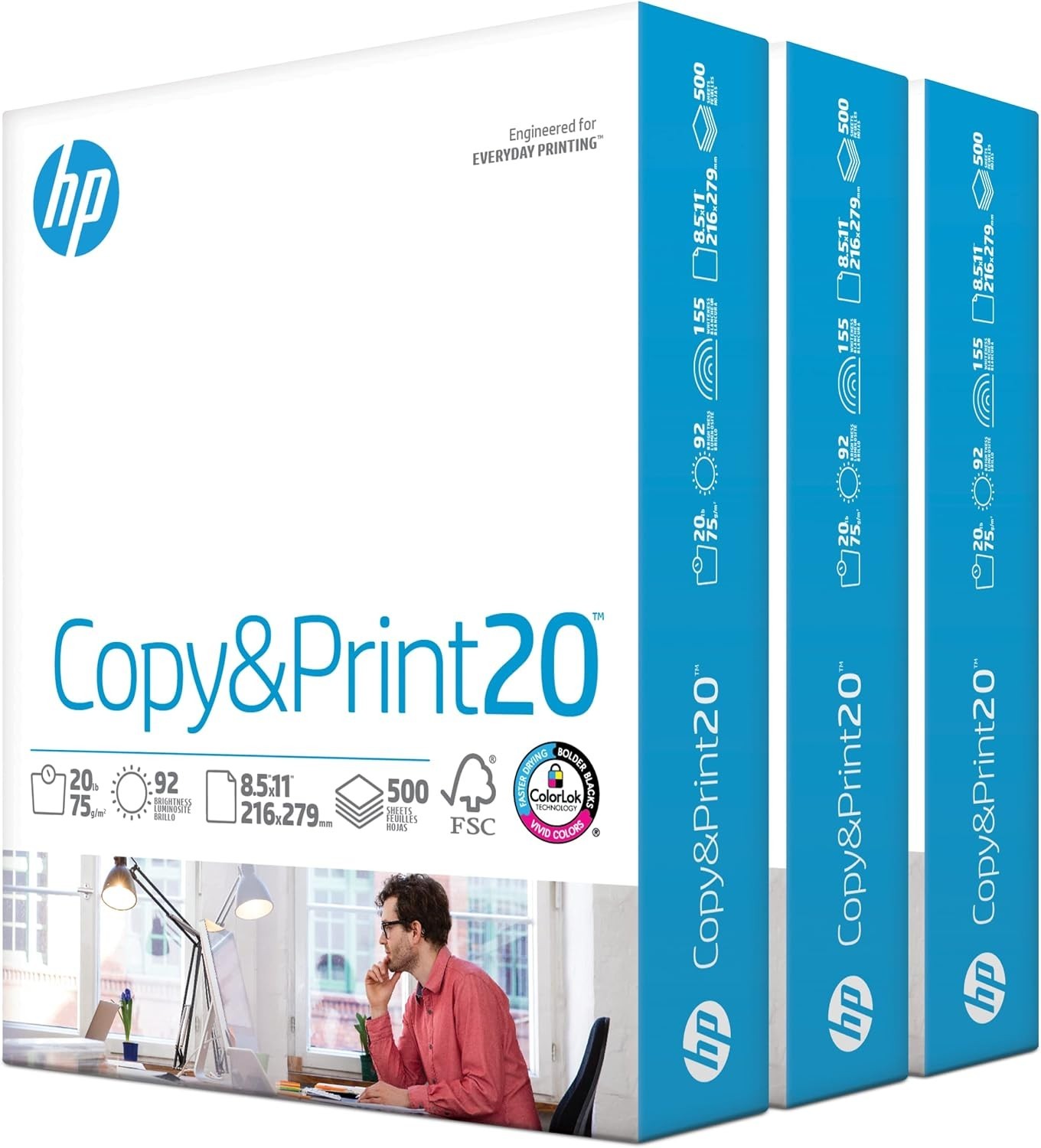 3-Reams HP Office20 Printer Paper White Letter Size 8.5" x 11", 1,500 Sheets