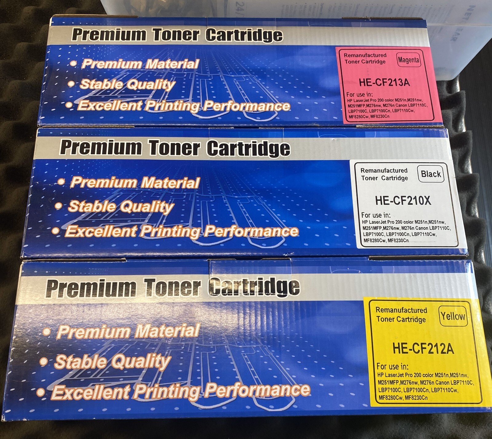 Lot 3 Premium Toner Cartridges Re manufactured NIB HE-CF213A HE-CF210X HE-CF212A