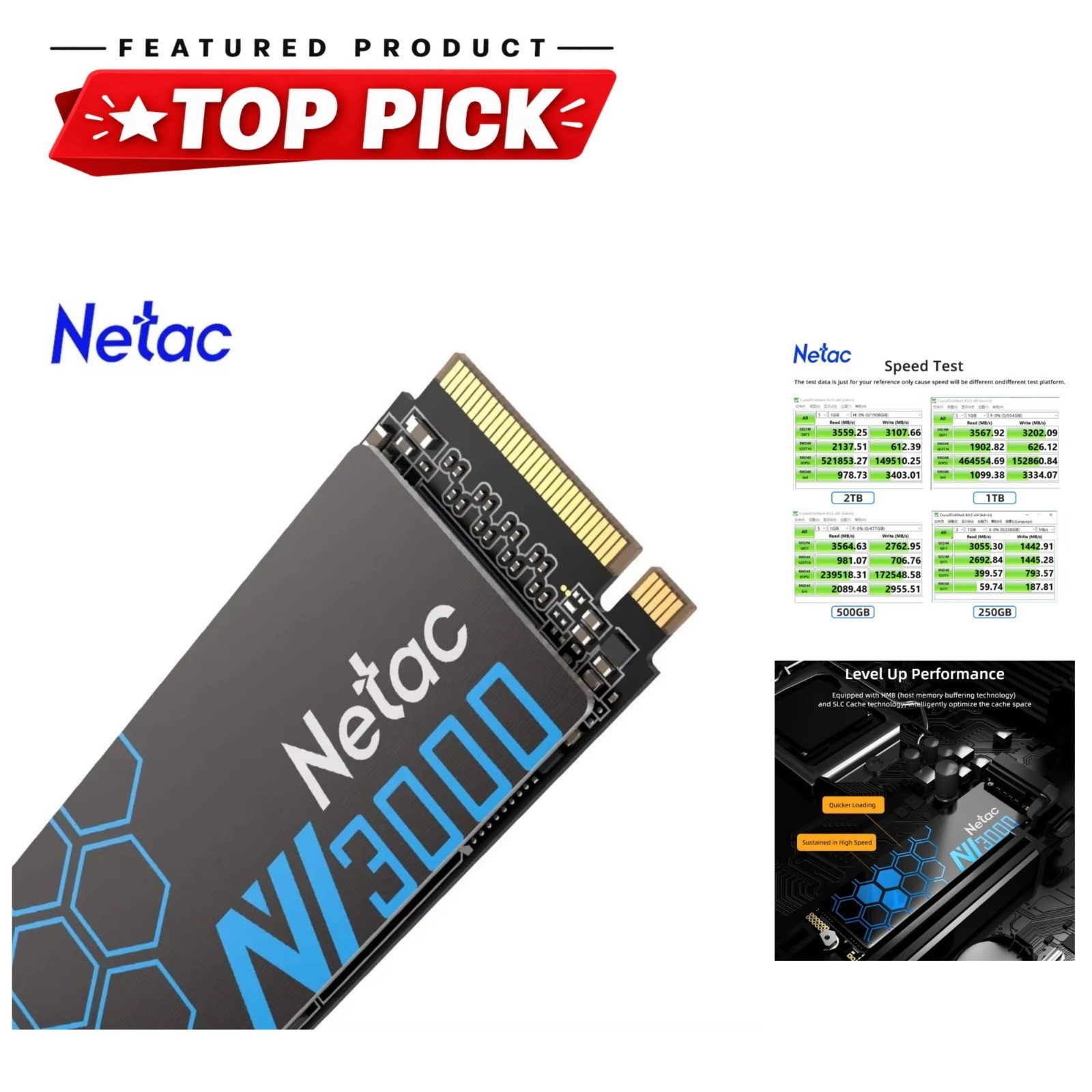 Netac NV3000 1TB NVMe SSD M.2 2280 PCIe 3.0 Internal Solid State Drive 3500MB/s