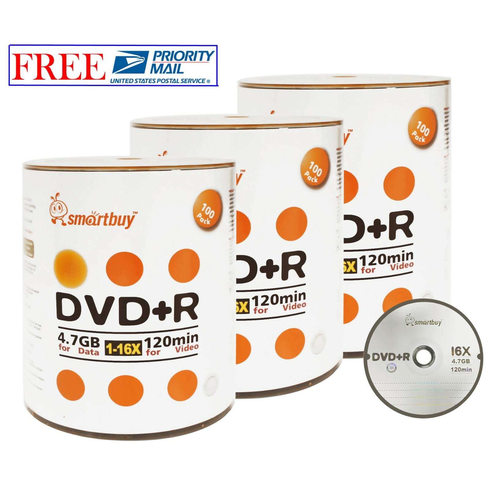 300 Pack Smartbuy 16X DVD+R 4.7GB Logo Top Data Video Blank Recordable Disc