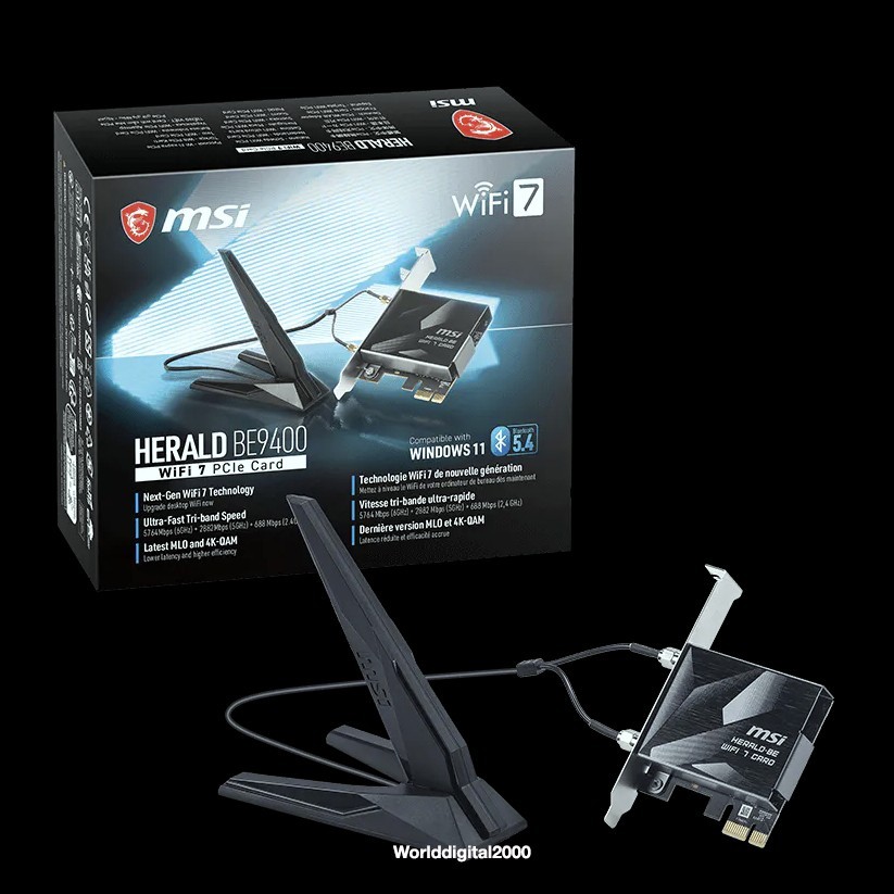 MSI HERALD BE9400 WiFi 7 PCIe Card+Bluetooth 5.4 Up to 5764 Mbps(6GHz) 5/2.4Ghz