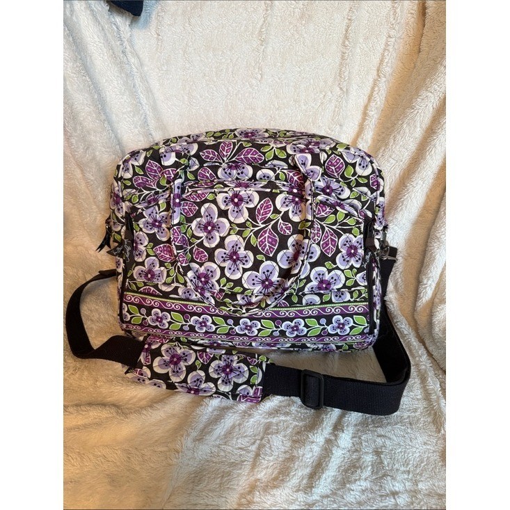 Vera Bradley Plum Crazy Quilted Floral Laptop Travel Bag Purple Green Messenger