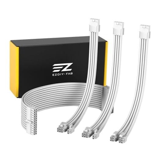 PSU Extension Cable Sleeved Custom Mod PC Power Supply Cable, Soft Pure White