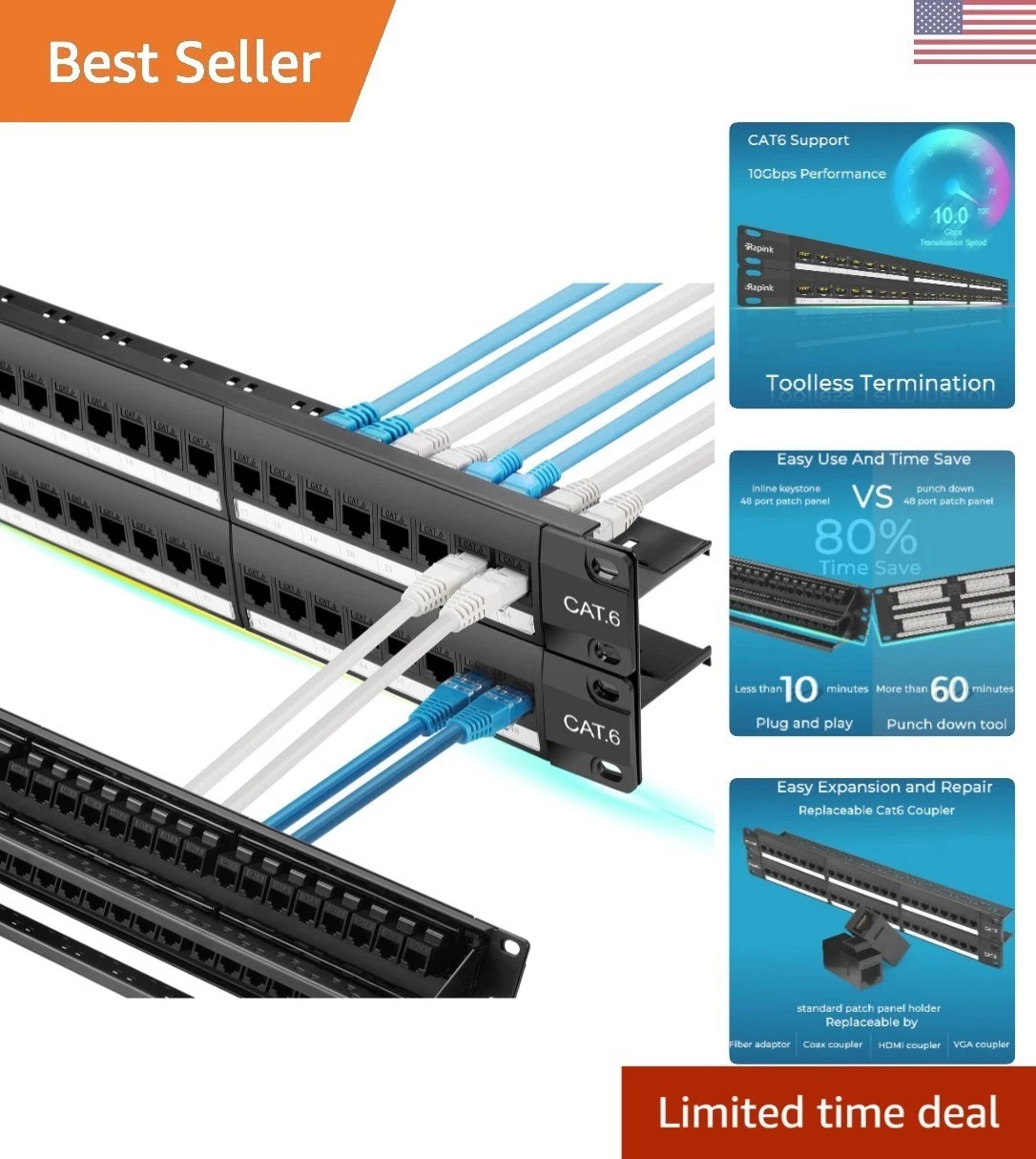48 Port Ethernet Patch Panel, 10G with Toolless Couplers for Seamless Networking