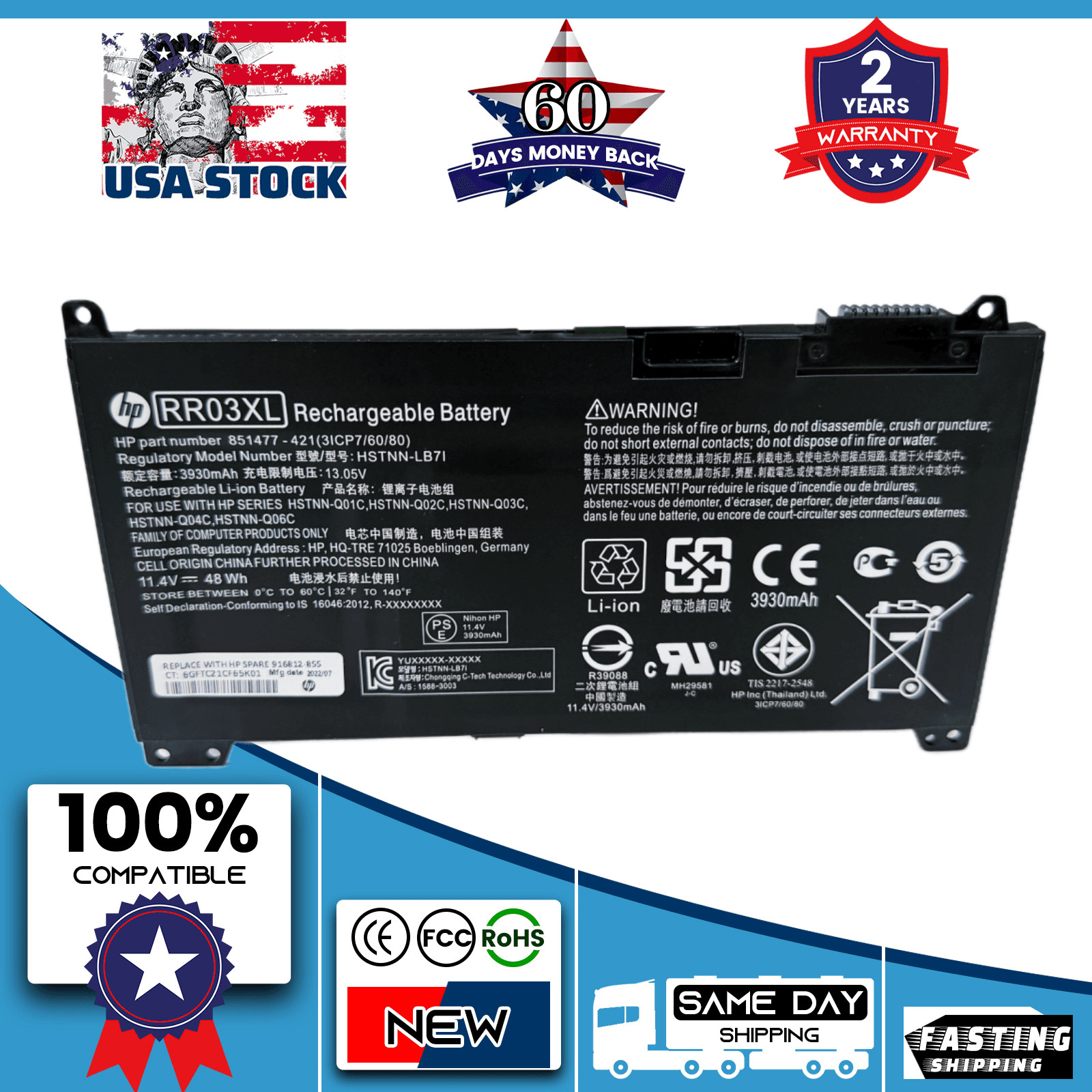 Original RR03XL HSTNN-LB7I Battery for HP ProBook 430 440 450 455 G4 851610-850