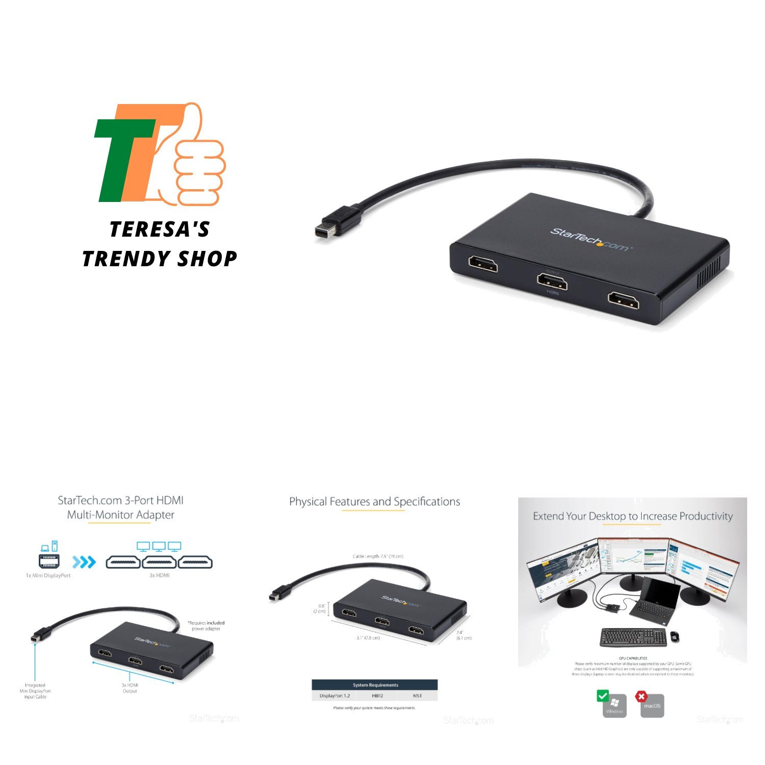 3-Port Multi Monitor Adapter - Mini DisplayPort to HDMI MST Hub - Triple 1080...